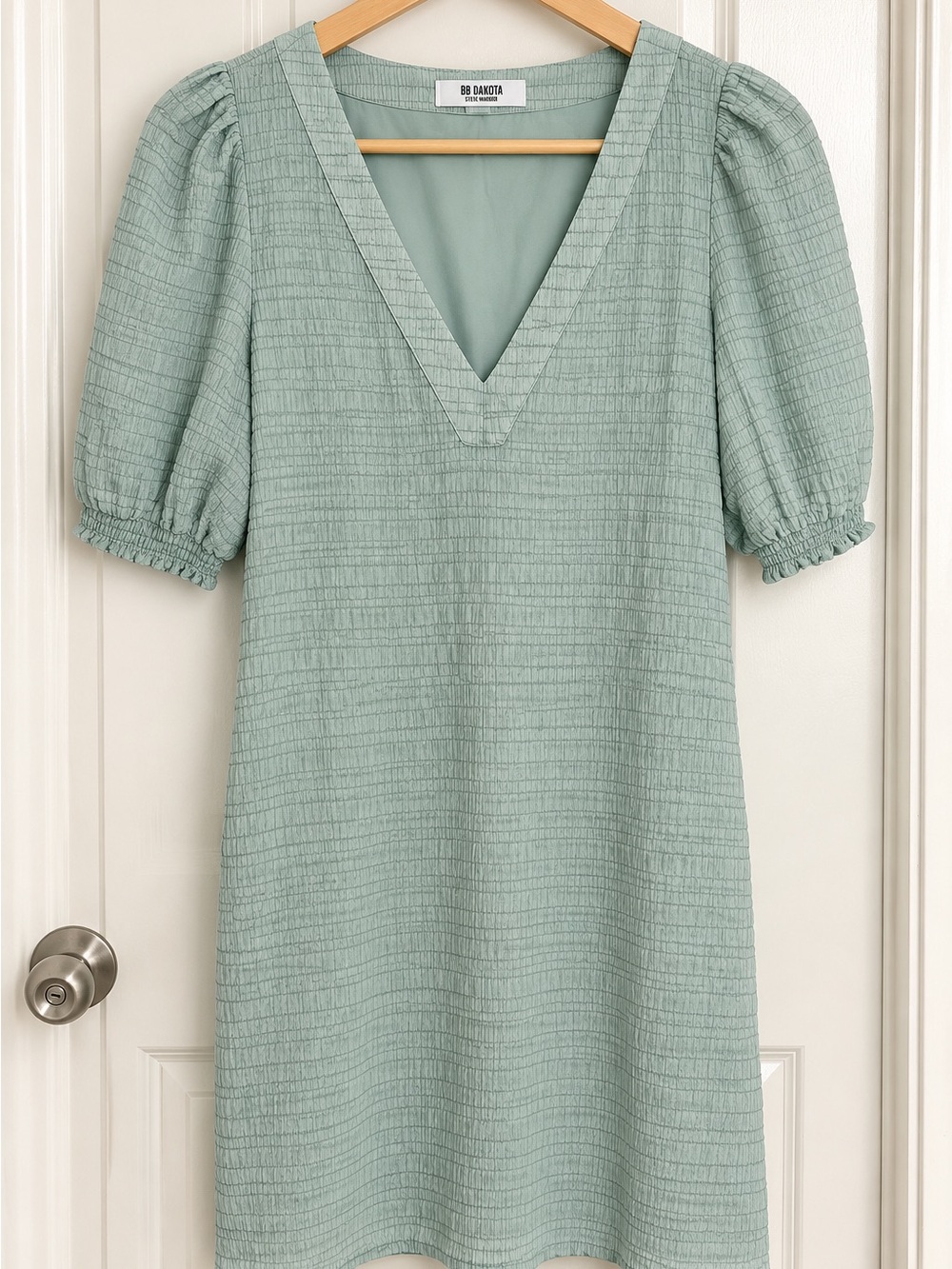 BB Dakota Sage Green V-Neck Puff Sleeve Mini Dress